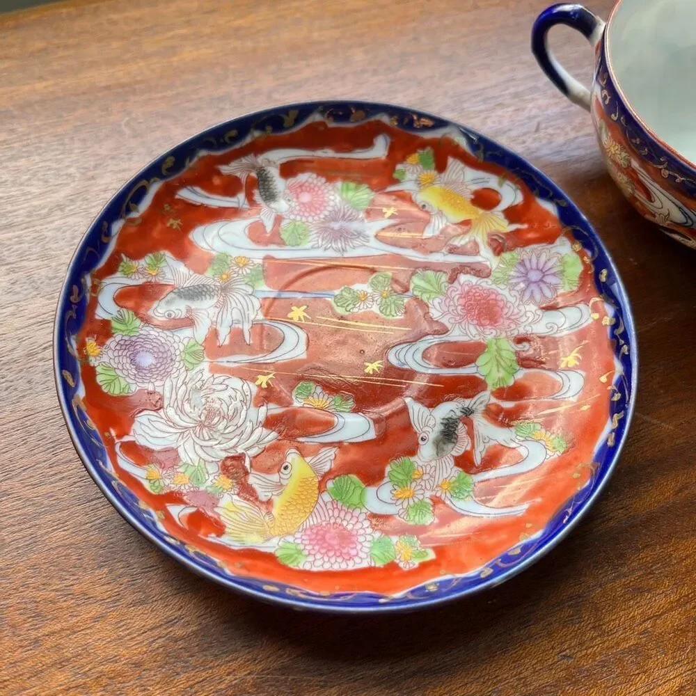 VTG Japanese Koi Fish Teacup & Saucer Set Red Floral Cobalt Rim Porcelain